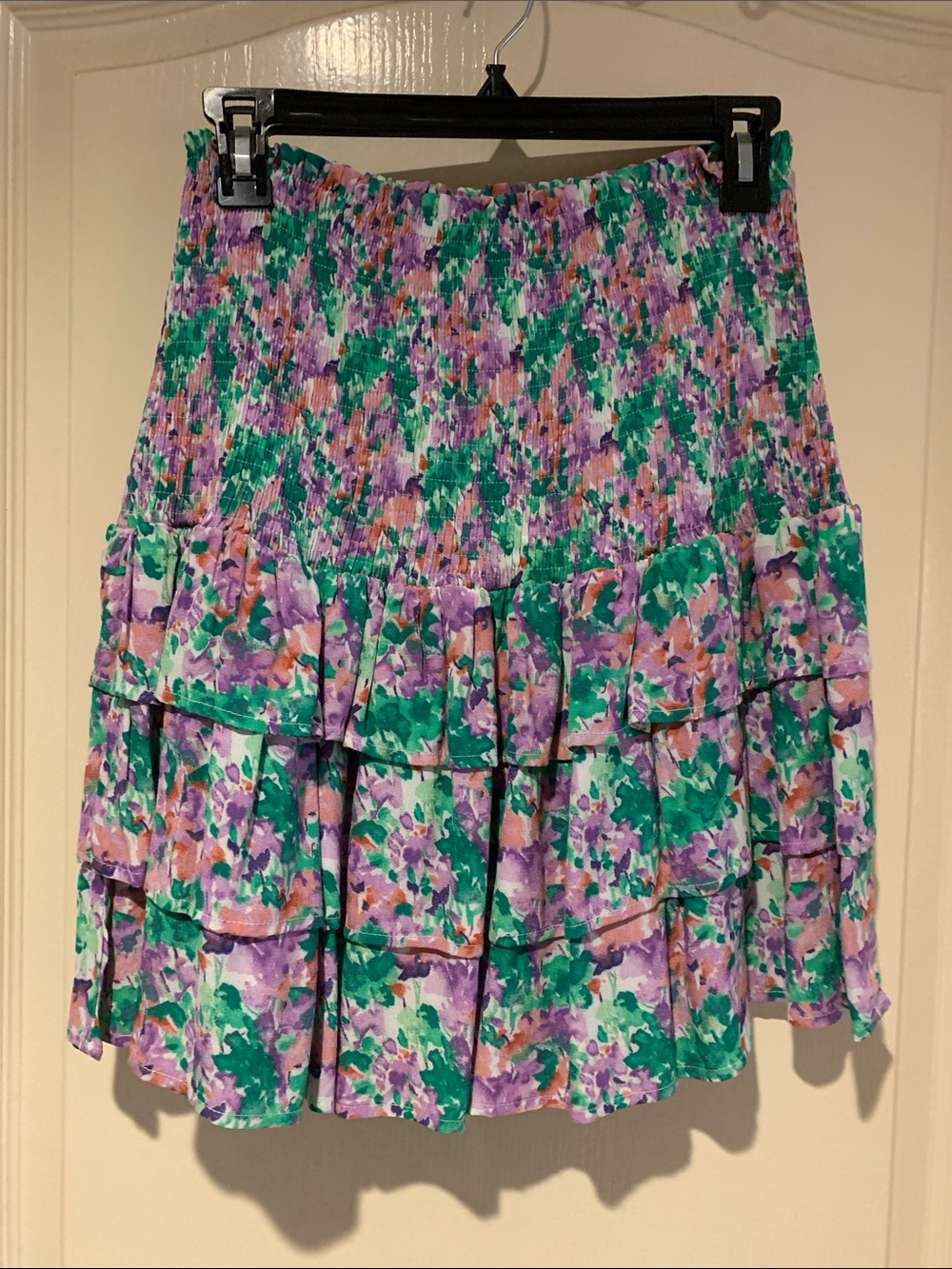 Smocked Tiered Skirt in Green & Purple Floral